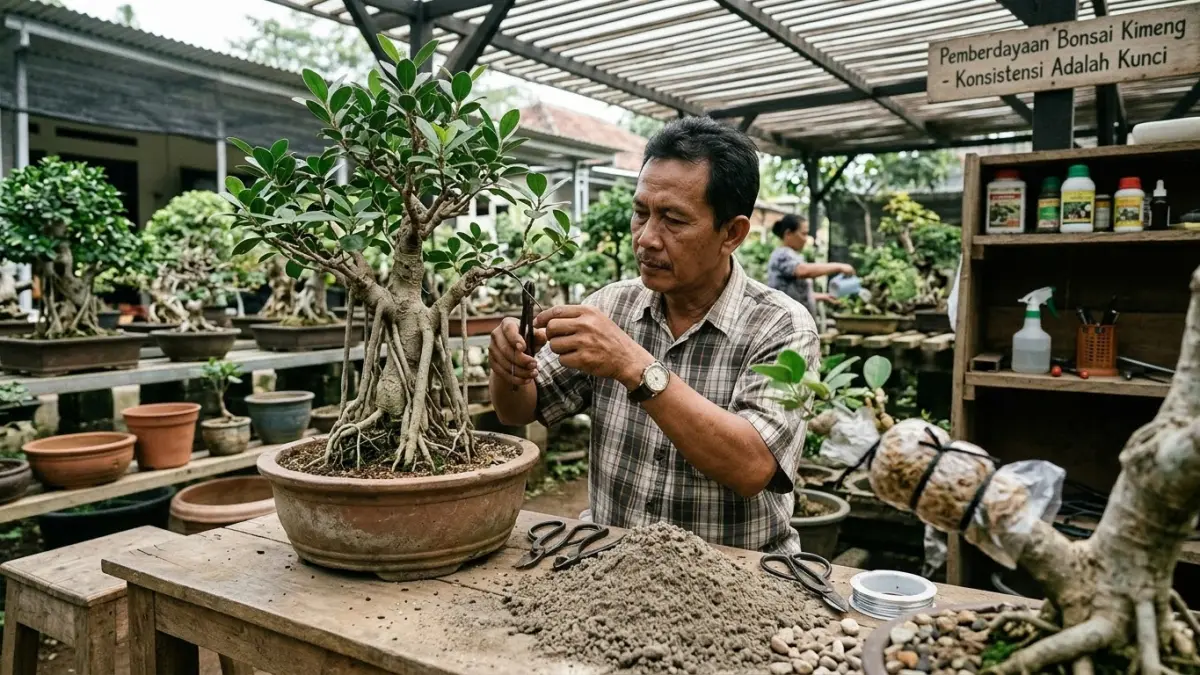 Rahasia bonsai kimeng cepat jadi ternyata ada pada media pasir sungai halus, teknik cangkok, pembentukan karakter, dan perawatan konsisten.