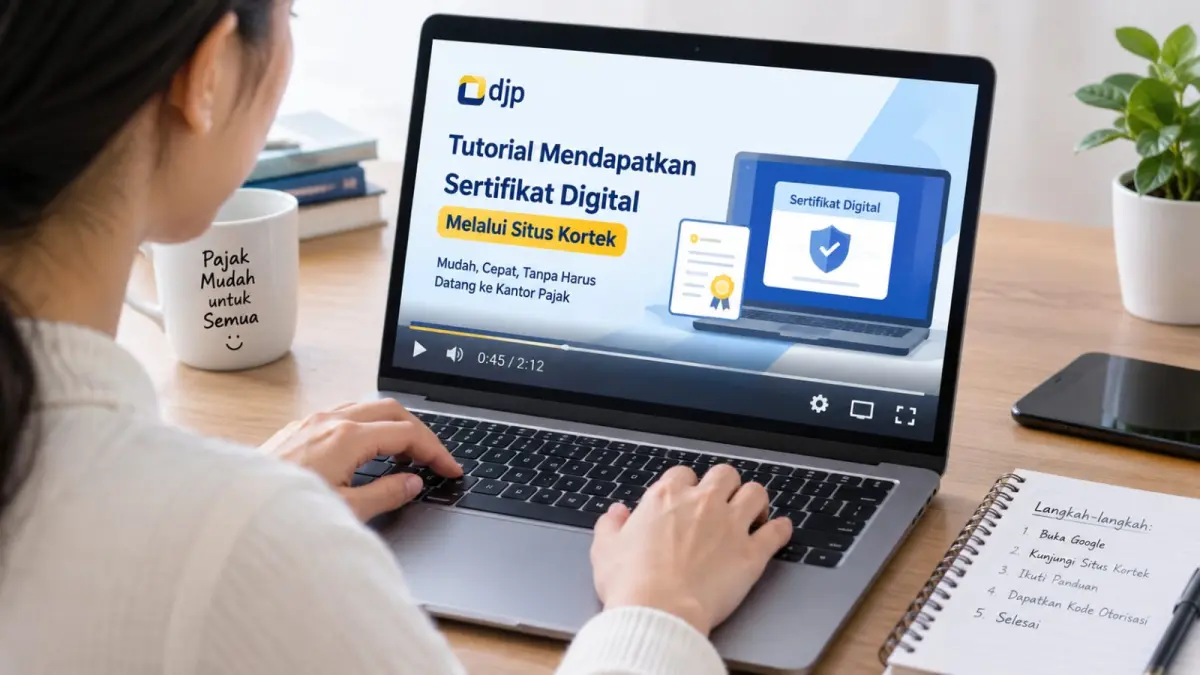 Ilustrasi masyarakat mempelajari tutorial mendapatkan sertifikat digital dan kode otorisasi Cortex melalui layanan online.