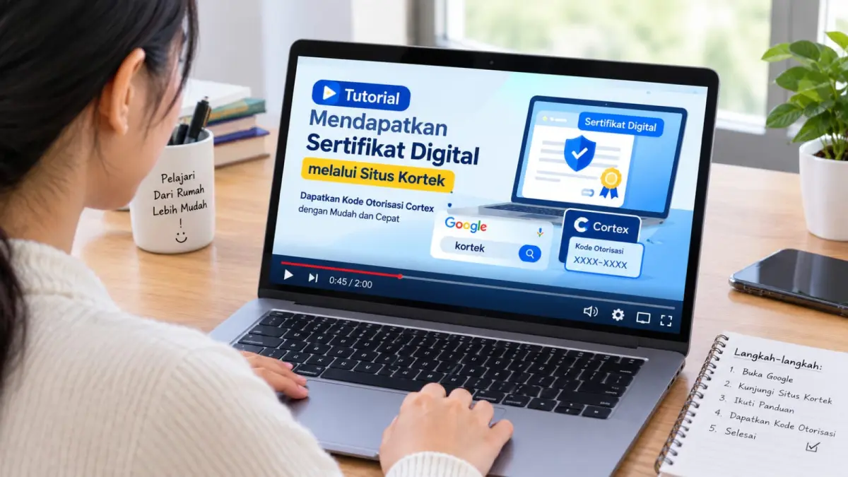Ilustrasi pengguna mempelajari tutorial mendapatkan sertifikat digital dan kode otorisasi Cortex secara online melalui perangkat komputer.