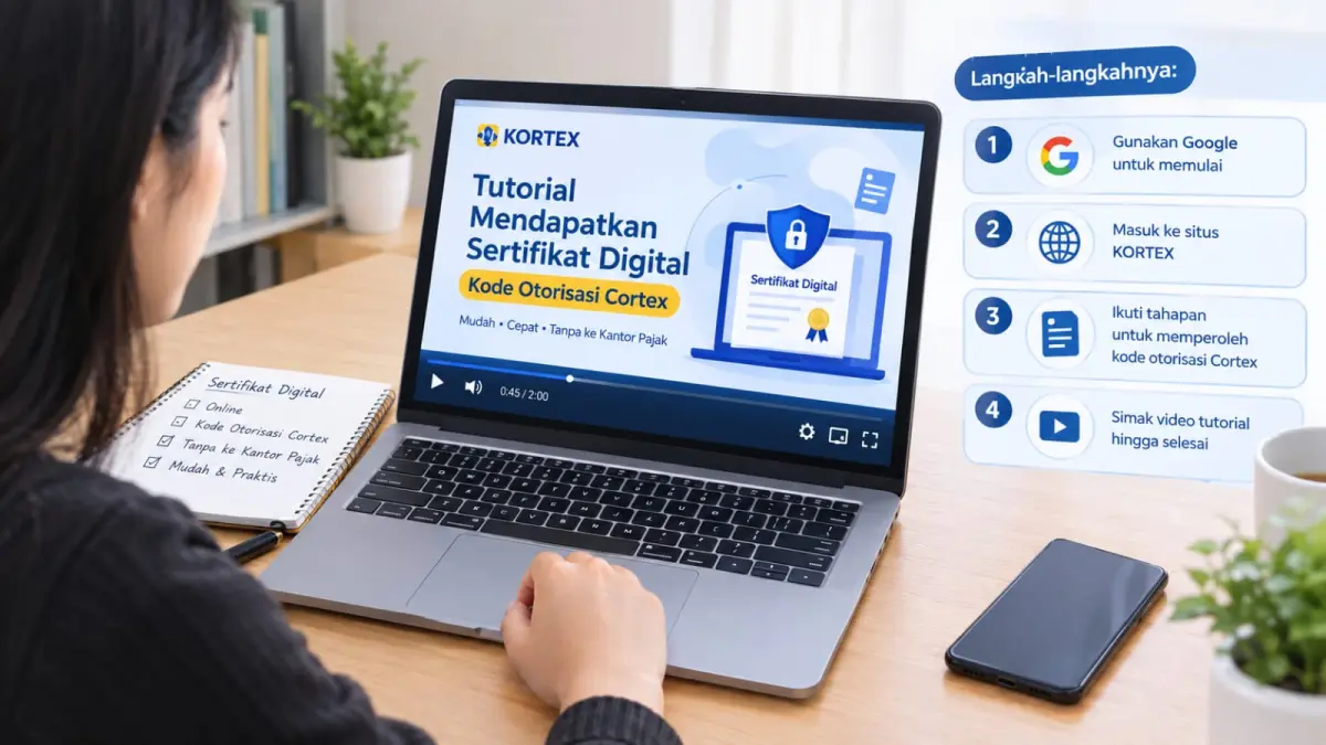 Ilustrasi pengguna mengikuti tutorial pengurusan sertifikat digital dan kode otorisasi Cortex secara online melalui perangkat laptop.