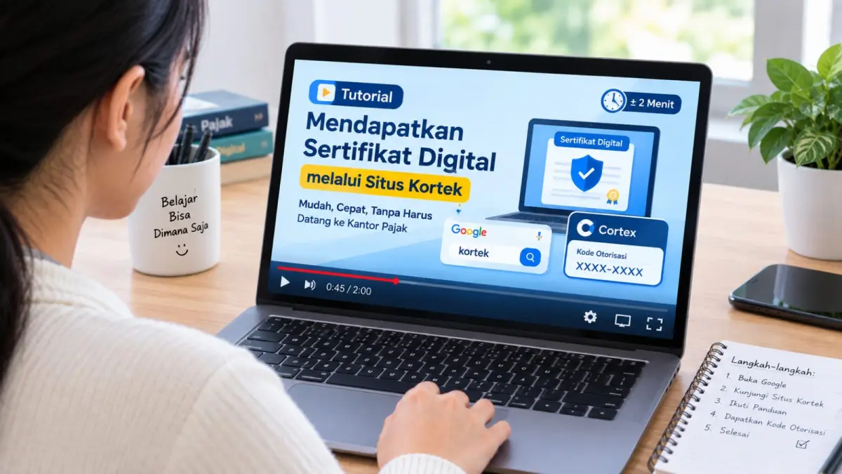 Ilustrasi pengguna menyimak tutorial mendapatkan sertifikat digital dan kode otorisasi Cortex secara online melalui laptop.