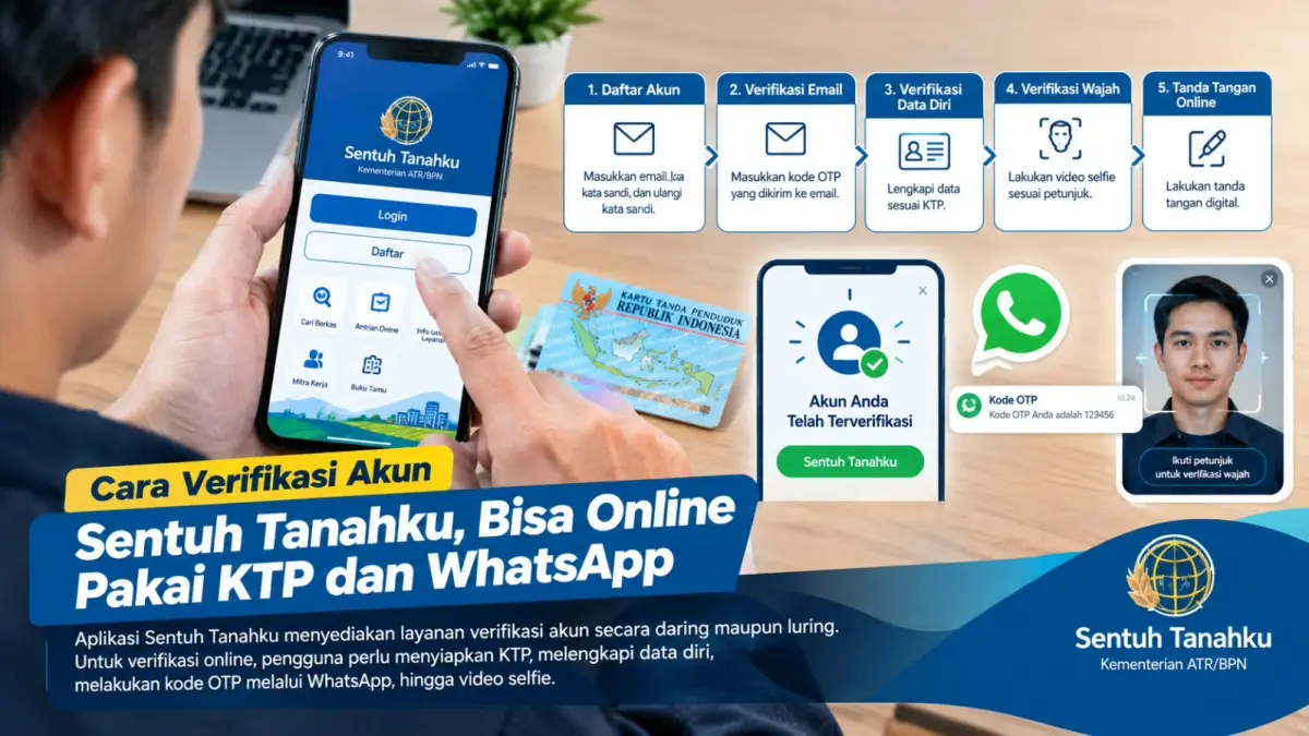 Verifikasi akun Sentuh Tanahku secara online dilakukan dengan KTP, OTP WhatsApp, dan video selfie.