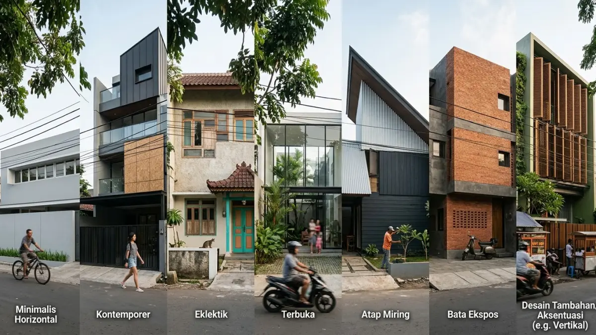 7 desain fasad rumah modern untuk inspirasi, mulai dari gaya minimalis horizontal, kontemporer, eklektik, terbuka, atap miring hingga bata ekspos.