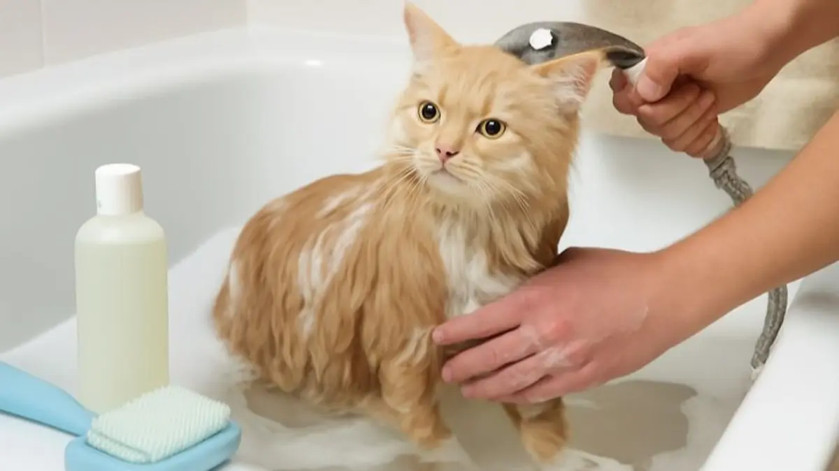 Cara memandikan kucing untuk pemula dilakukan bertahap, mulai dari menyiapkan air hangat, membasahi bulu, menyampo, membilas, hingga mengeringkan.(Pinterest)