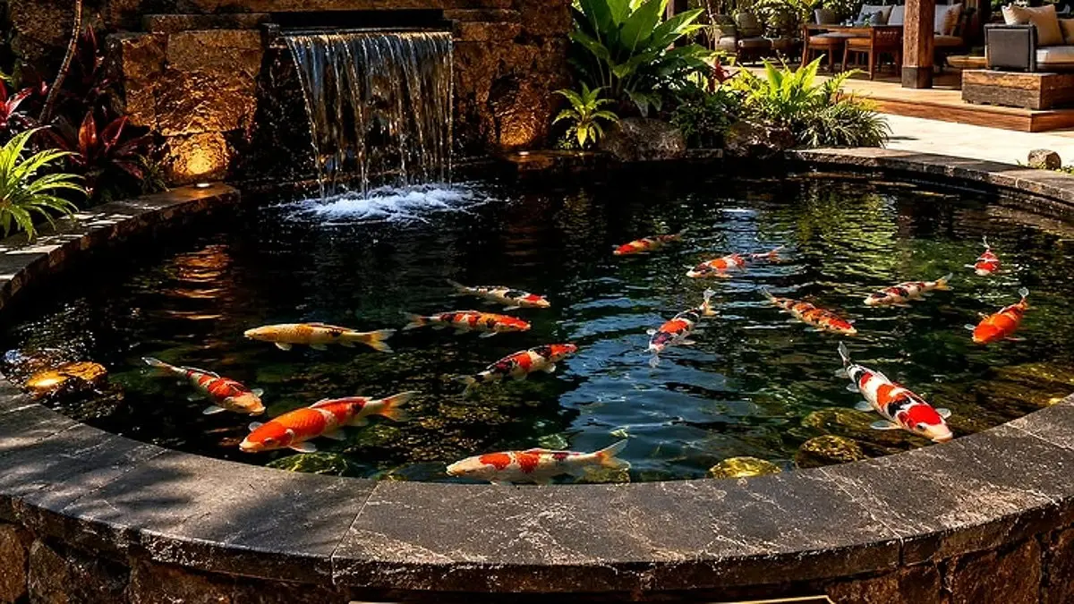 Cara membuat kolam koi dengan lima chamber filter, bottom drain, skimmer, waterfall, pompa, dan sistem overflow dalam satu desain. (PINTEREST)