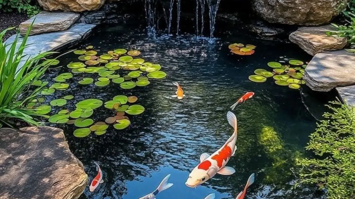 Cara membuat kolam koi di taman rumah mencakup empat chamber filter, jalur pembuangan, waterfall, dan pengaturan arus air. (PINTEREST)