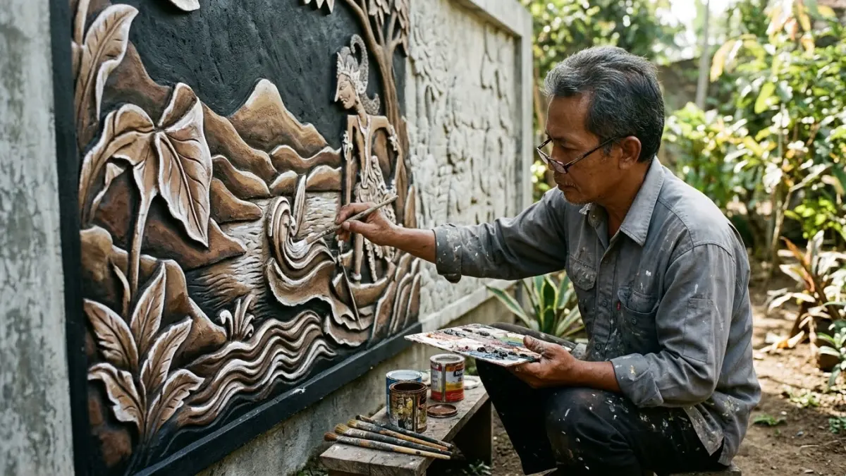 Cara mengecat relief batu dengan teknik gradasi, mulai dari cat dasar hitam, warna cokelat hingga campuran putih untuk menonjolkan detail.