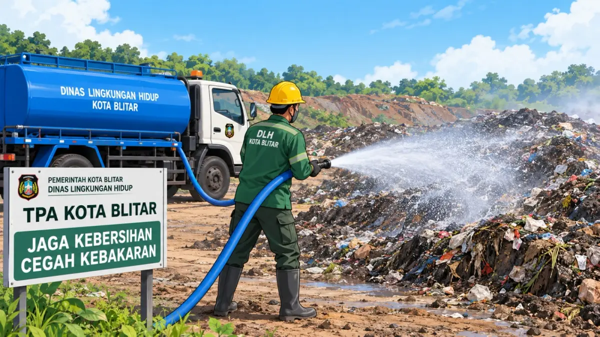 CEGAH KEBAKARAN: Petugas melakukan penyiraman atau pembasahan pada sel aktif TPA Kota Blitar untuk mengantisipasi munculnya titik api.