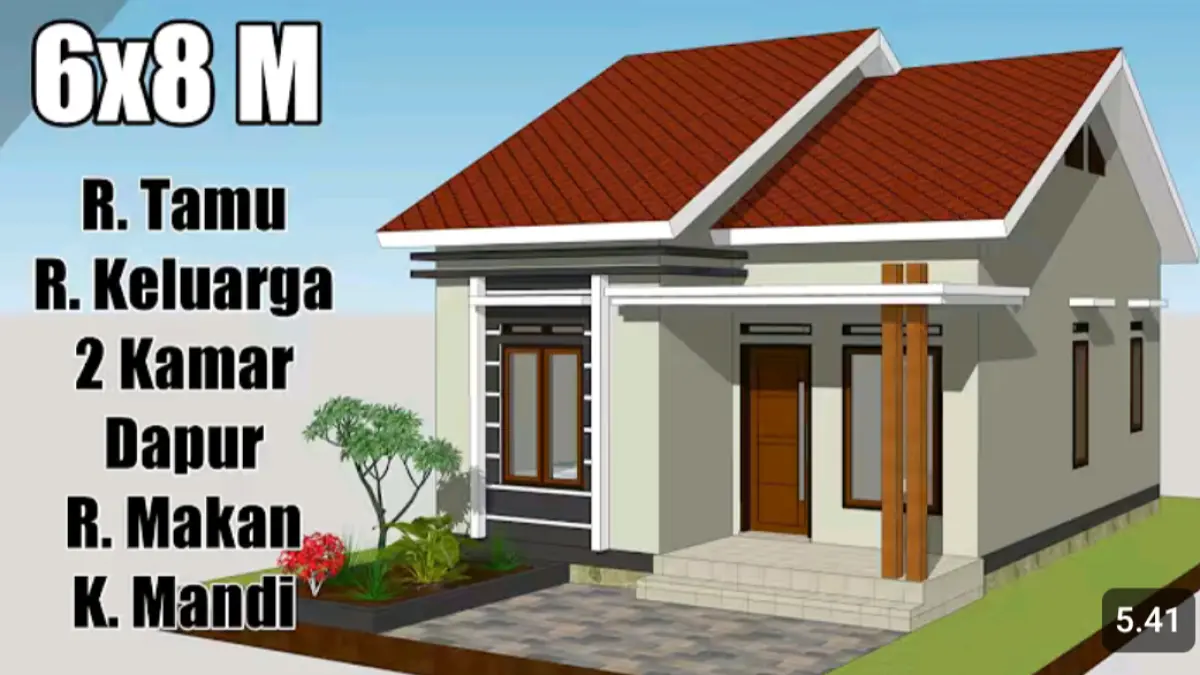 Desain rumah minimalis 6x8,5 meter memiliki 2 kamar tidur, ruang keluarga, dapur, dan kamar mandi dengan estimasi biaya Rp153 juta.
