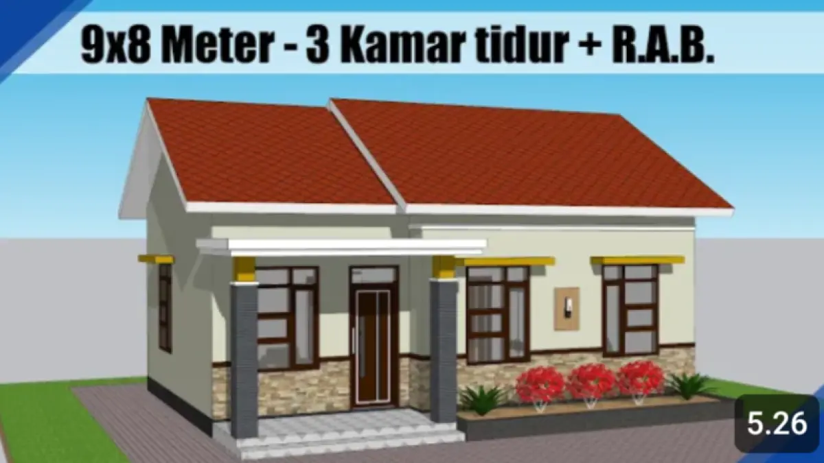 Desain rumah minimalis 9x8 meter mengusung konsep pedesaan dengan 3 kamar tidur, ruang tamu, ruang keluarga, dapur, kamar mandi, dan teras.