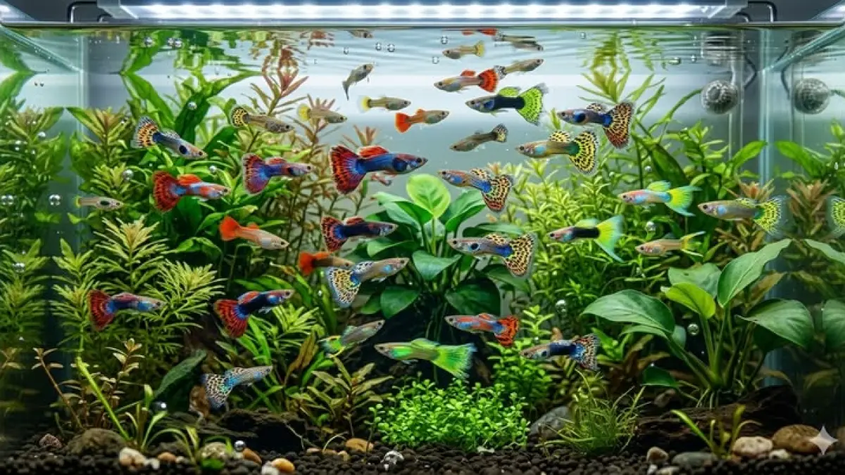 Akuarium guppy pemula dibuat dengan konsep sederhana, perangkat lebih kecil, dan hardscape minimal. Simak penataan serta pilihan filternya.(PINTEREST)