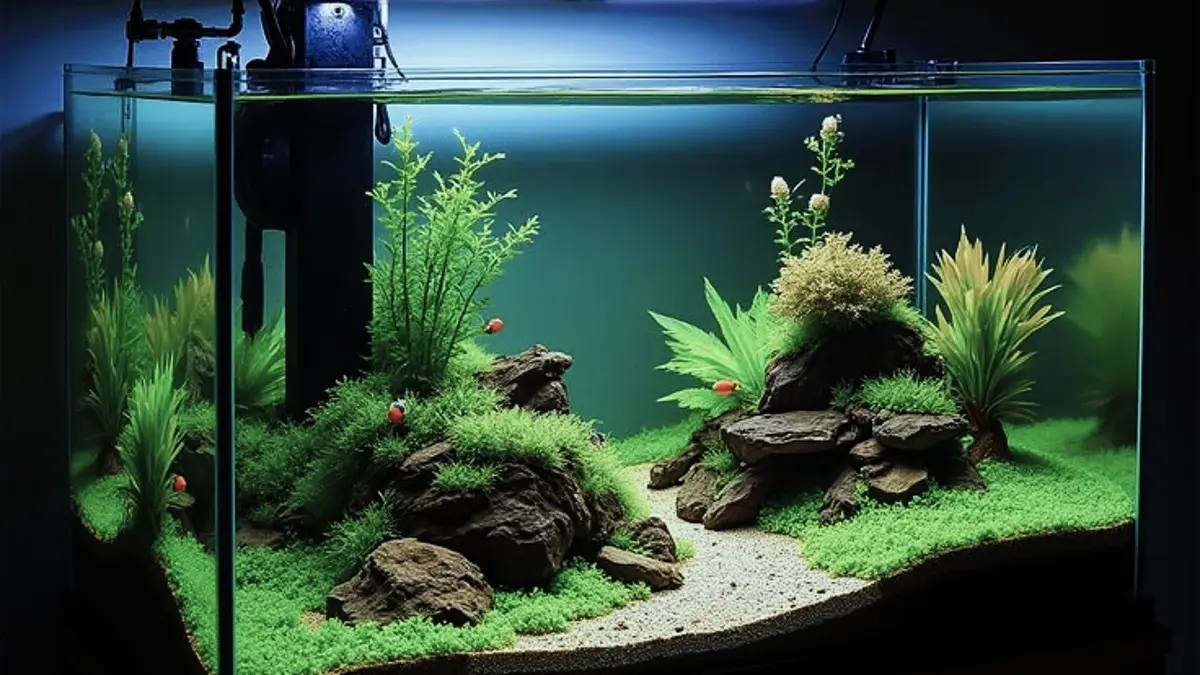 Aquascape Minimalis ukuran 50x25 bisa dibuat dengan batu sungai, tanaman kadaka, pasir Bali, dan bahan pendukung lainnya. (PINTEREST)