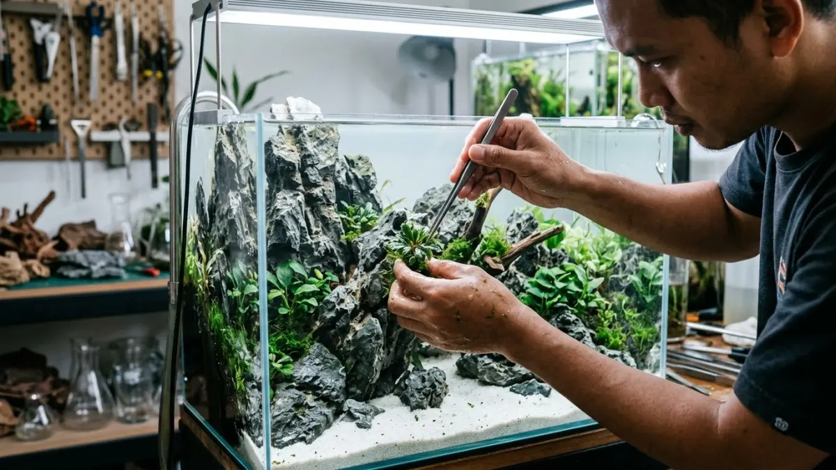 Cara membuat aquascape batu sederhana dengan satu jenis tanaman, rumah bakteri, filter gantung, serta perawatan yang mudah untuk pemula.
