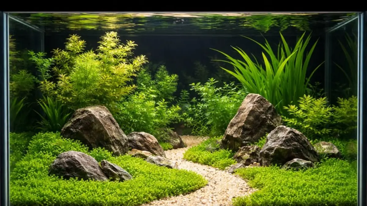 Cara membuat aquascape untuk pemula dengan akuarium 30 cm, paket substrat, batu Lapa, akar Rasamala, dan tanaman air tanpa CO2.(PINTEREST)
