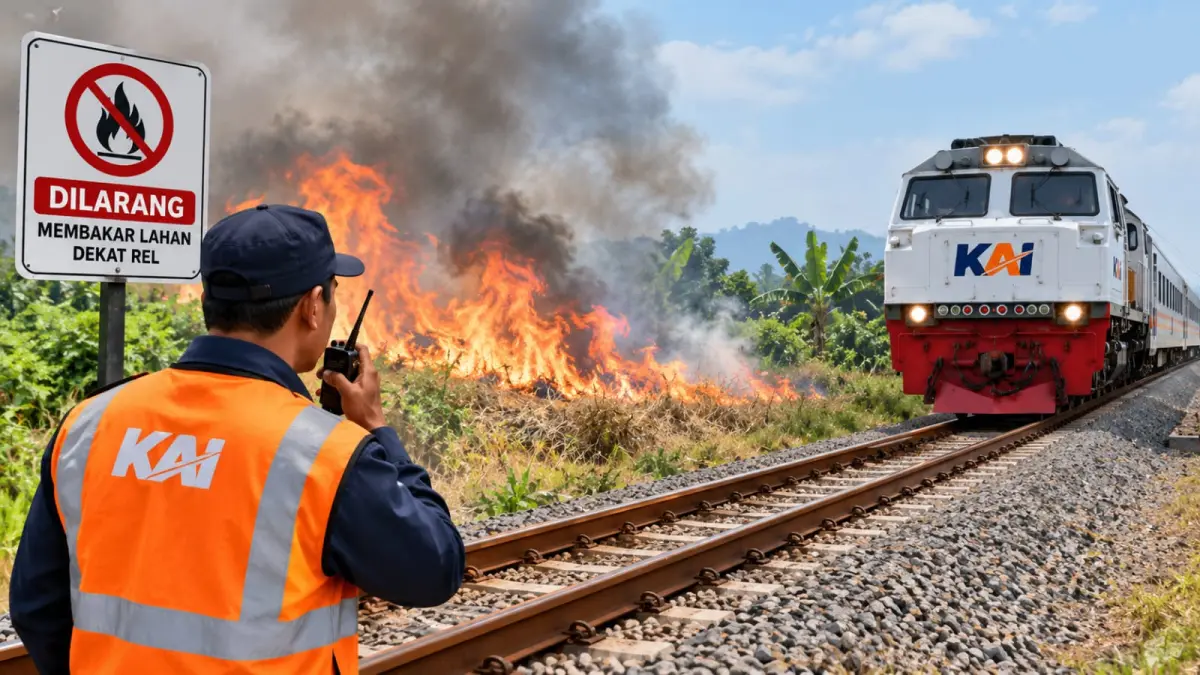 Ilustrasi—Kebakaran lahan di dekat jalur rel dapat mengganggu visibilitas masinis dan membahayakan keselamatan perjalanan kereta api.