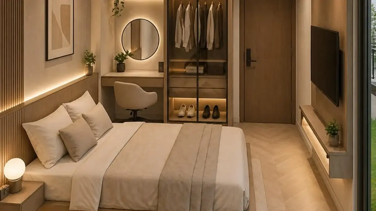Kamar minimalis sempit bisa terasa lebih lega dengan 7 cara, mulai furnitur multifungsi, penyimpanan dinding, pencahayaan hingga cermin. (PINTEREST)