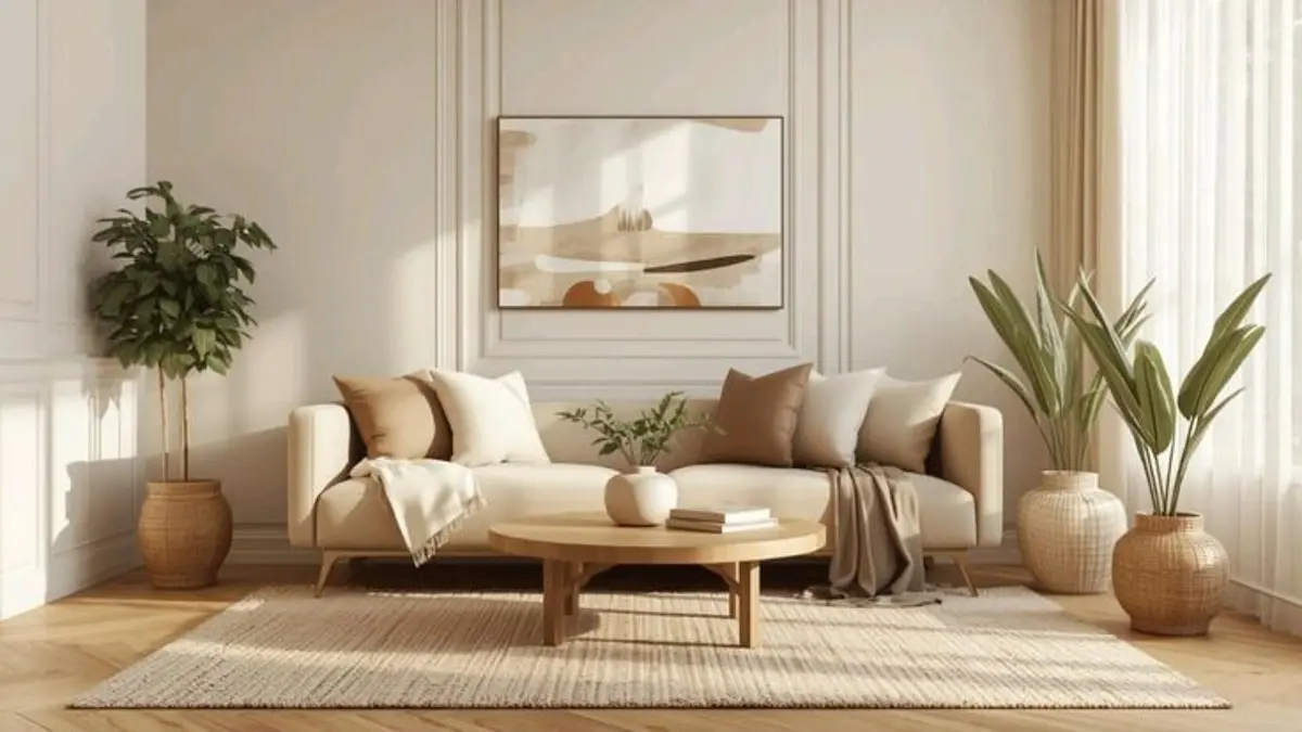 Ruang tamu minimalis estetik bisa ditata bertahap dengan sofa, karpet, meja, lampu RGB, dan rak yang disesuaikan ukuran ruangan. (PINTEREST)