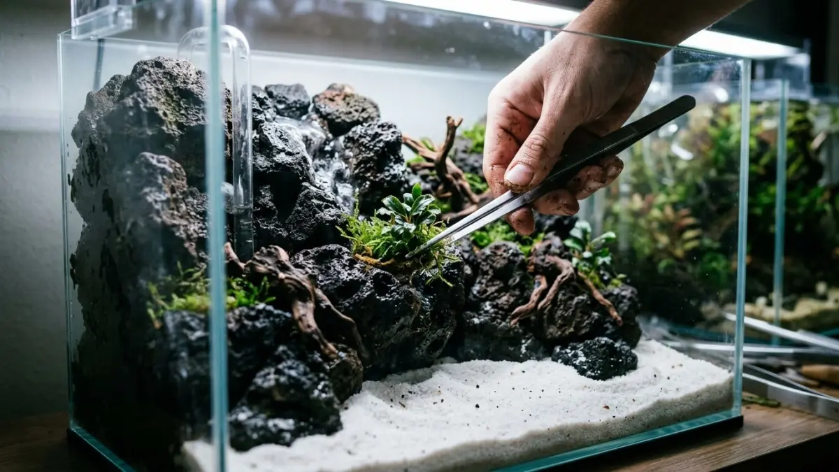 Tangan seorang aquascaper sedang merekatkan batu lava rock menggunakan lem cair dan serat kapas di sekeliling pipa PVC bening berbentuk huruf J di dalam akuarium berukuran 40 cm.
Caption:
Aquascaper merakit struktur tebing dan jalur pipa aliran pasir untuk aquascape air terjun di sebuah lokakarya rumah, Jakarta, Kamis (17/9/2026). Penyusunan batu lava rock ini berfungsi sebagai fondasi tebing alami sekaligus menyamarkan sistem mekanis pipa pendorong pasir agar terselubung rapi.