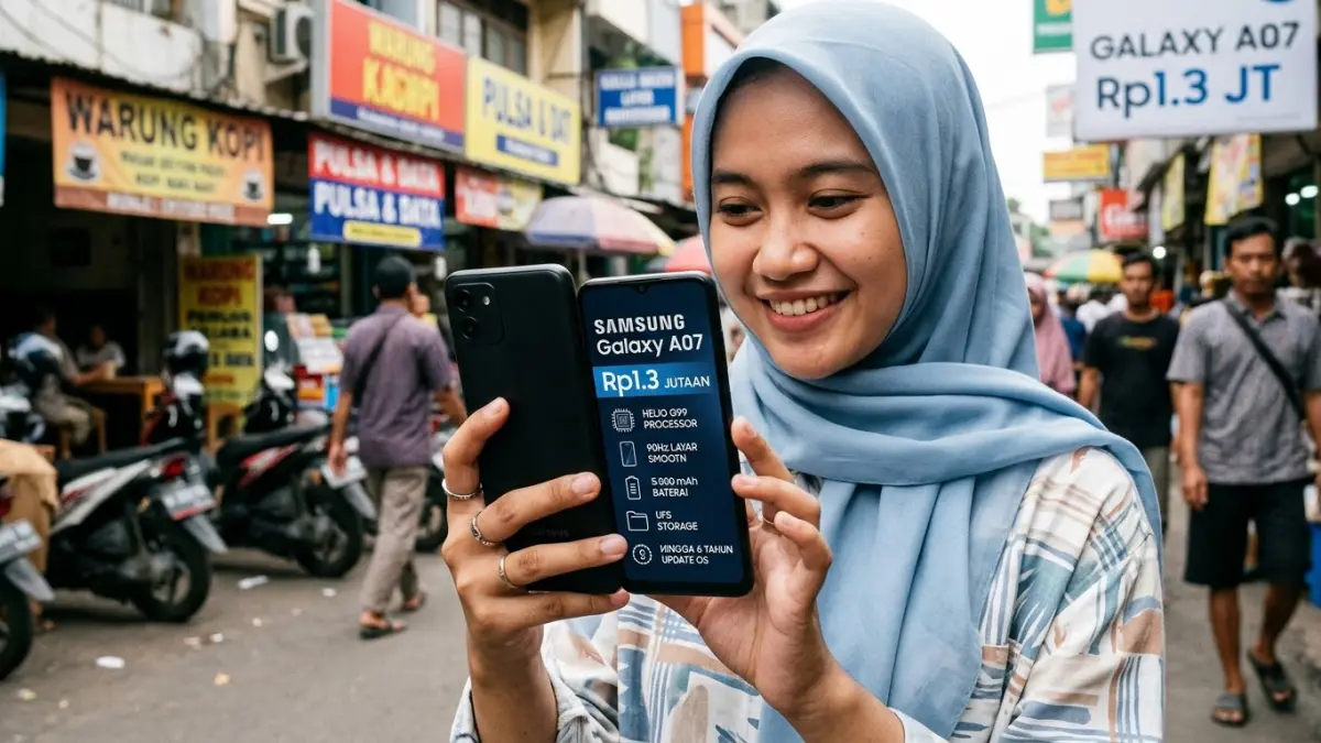 Samsung Galaxy A07 Rp1,3 jutaan menawarkan Helio G99, UFS, layar 90 Hz, baterai 5.000 mAh, dan update OS hingga 6 tahun.