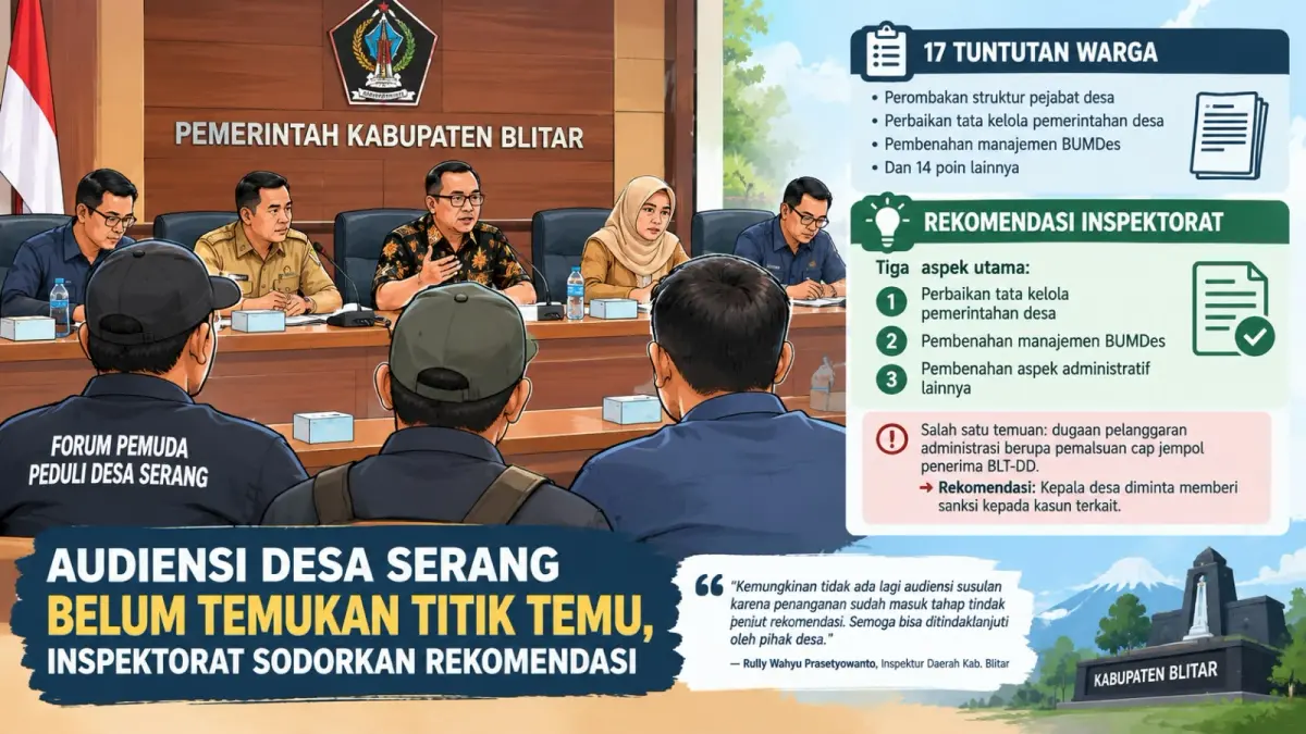 AUDIENSI: Perwakilan Forum Pemuda Peduli Desa Serang mengikuti audiensi dengan Pemkab Blitar membahas 17 poin tuntutan warga, Kamis (17/9).