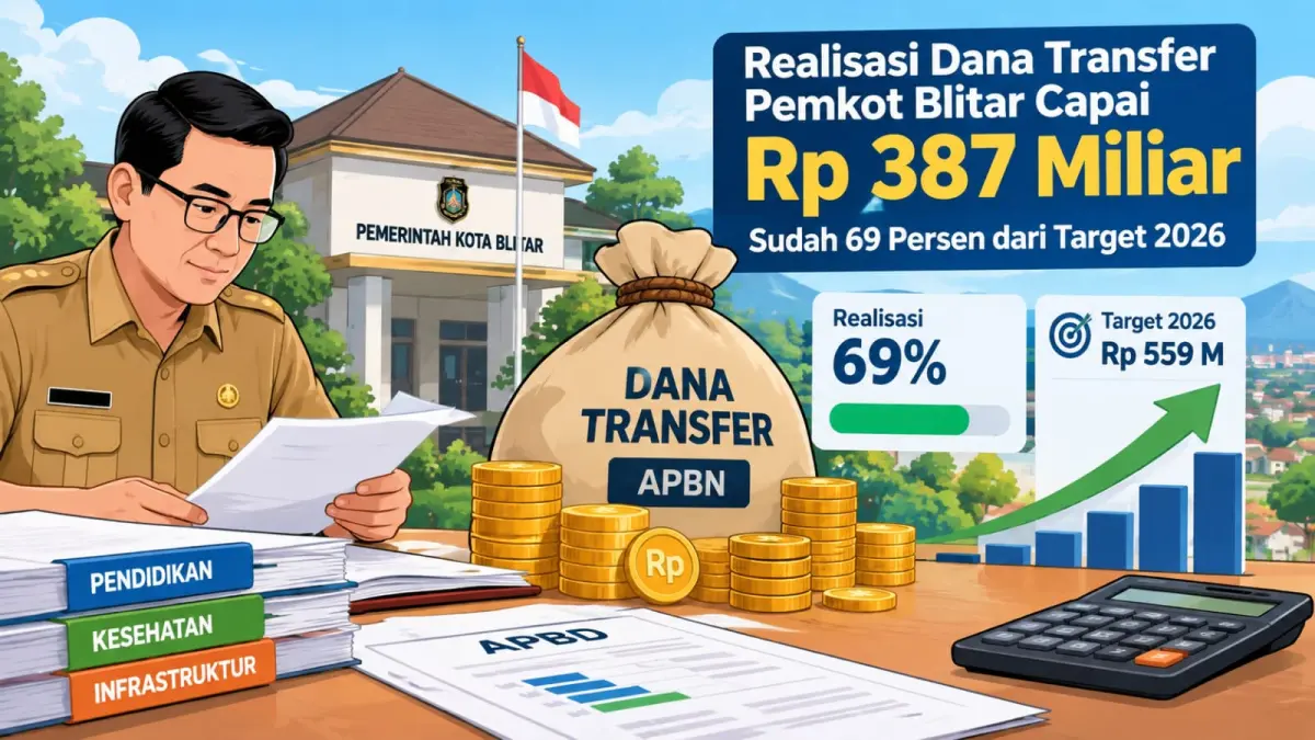 Ilustrasi realisasi dana transfer Pemkot Blitar yang mencapai Rp387 miliar atau 69 persen dari target Rp559 miliar hingga Agustus 2026.
