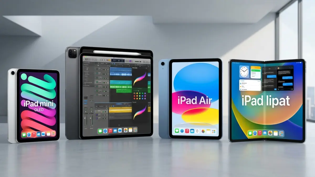 iPad terbaru dikabarkan hadir bertahap, mulai iPad mini OLED pada 2026 hingga iPad Pro, Air, dan iPad lipat.(ILUSTRASI AI)