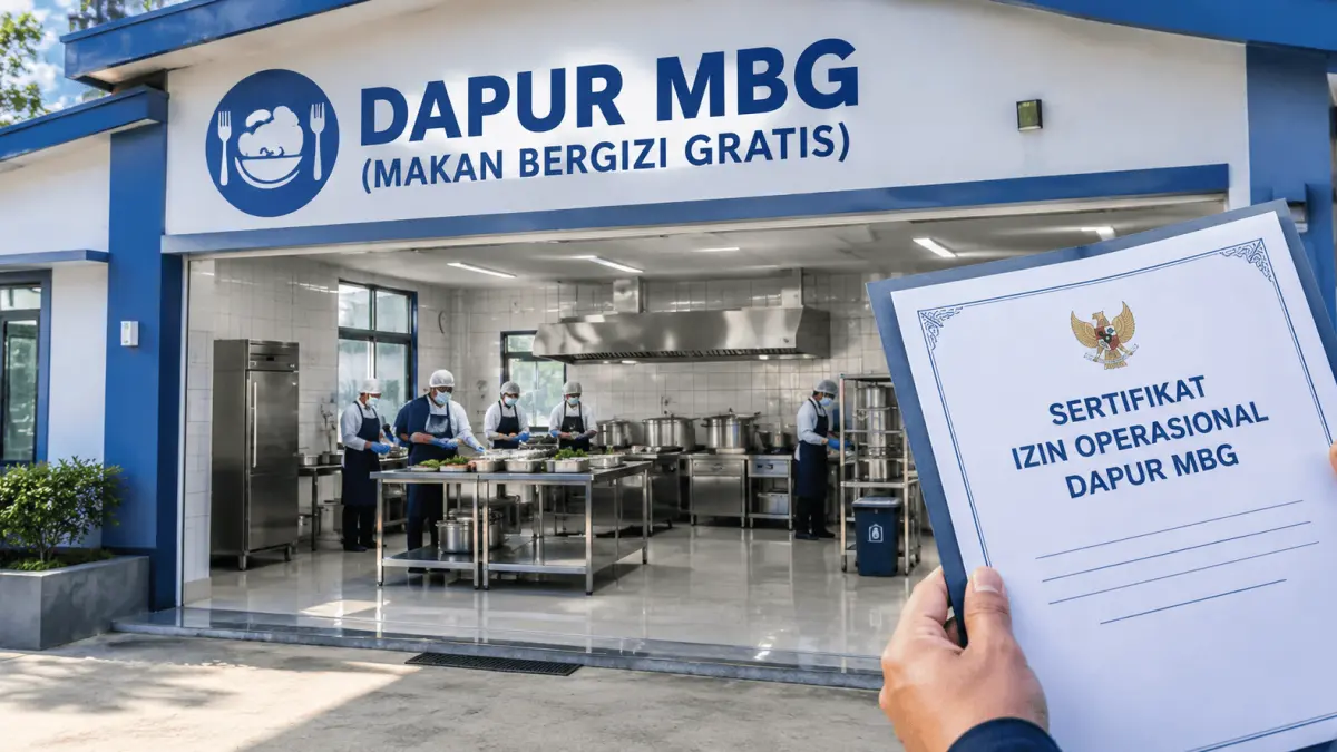 Ilustrasi dapur MBG yang dilengkapi sertifikat izin operasional untuk memastikan layanan berjalan sesuai regulasi.