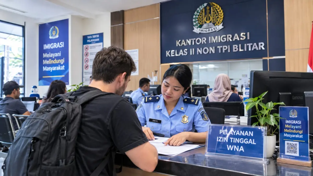 Petugas Kantor Imigrasi Kelas II Non TPI Blitar melayani warga negara asing dalam proses izin tinggal. Hingga Agustus 2026, jumlah WNA di wilayah kerja Imigrasi Blitar tercatat 211 orang.