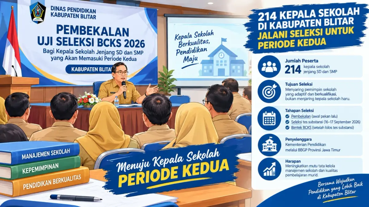 Sebanyak 214 kepala sekolah SD dan SMP di Kabupaten Blitar mengikuti pembekalan BCKS 2026 untuk persiapan periode kedua.