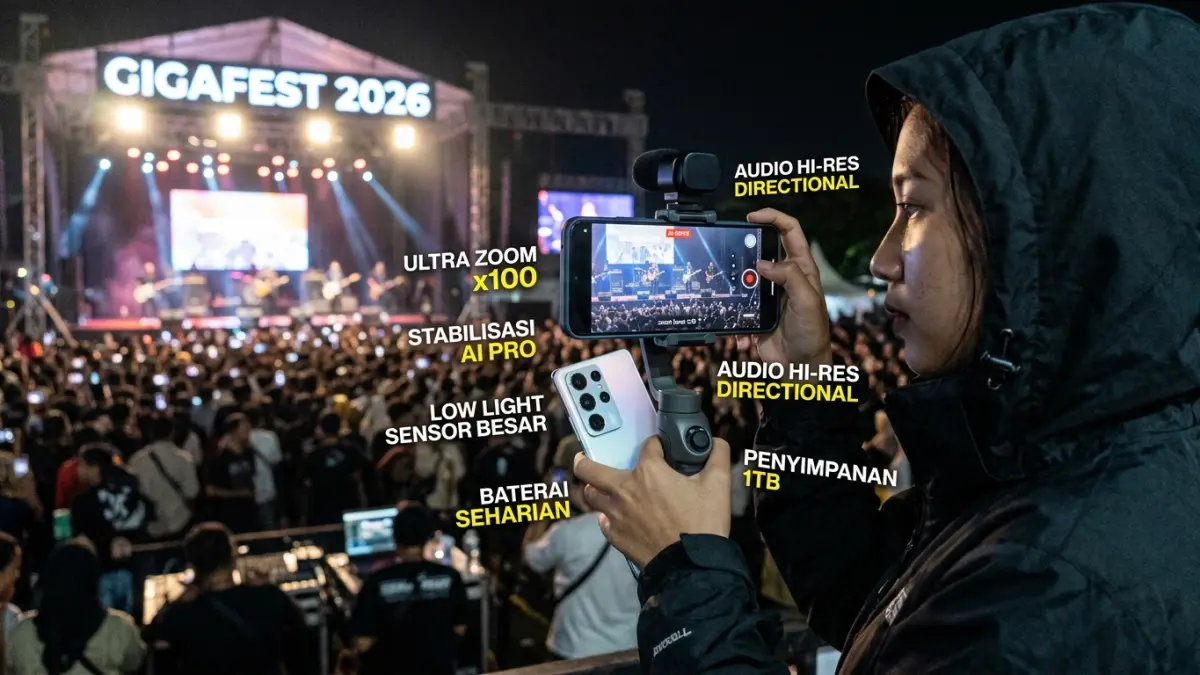 Merekam konser dari jauh membutuhkan zoom, stabilisasi, low light, audio, baterai, dan penyimpanan. Ini fitur penting HP kamera 2026.