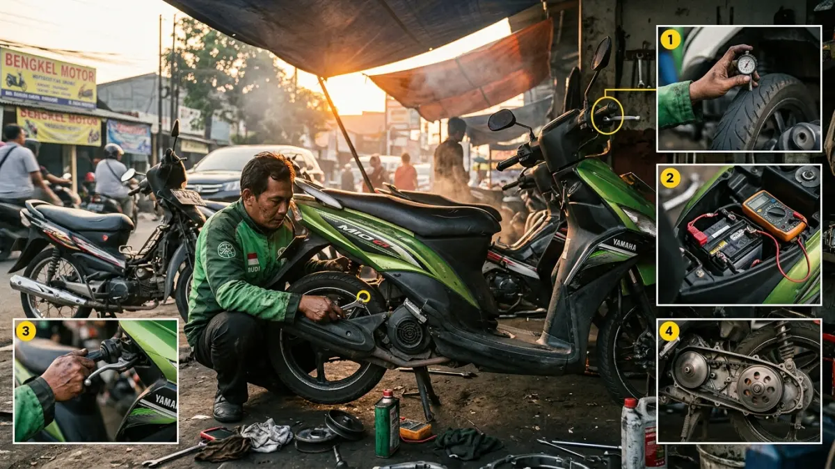 gambar ilustrasi non teks Motor ojol mulai bermasalah? Simak bagian yang perlu dicek, dari rem, ban, suspensi, kelistrikan, mesin hingga CVT.