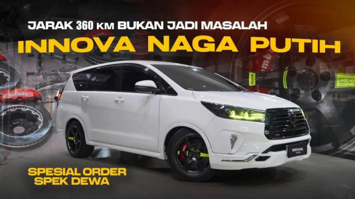 Modifikasi Innova Reborn G putih ini tampil clean dengan body kit Venturer, TE37 Jepang, BBK, interior blackwood, audio premium, dan kamera 360.