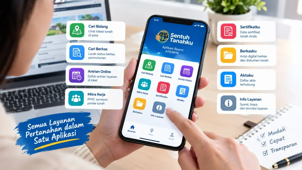 Aplikasi Sentuh Tanahku menyediakan berbagai informasi layanan pertanahan, termasuk persyaratan, biaya, dan antrian online.