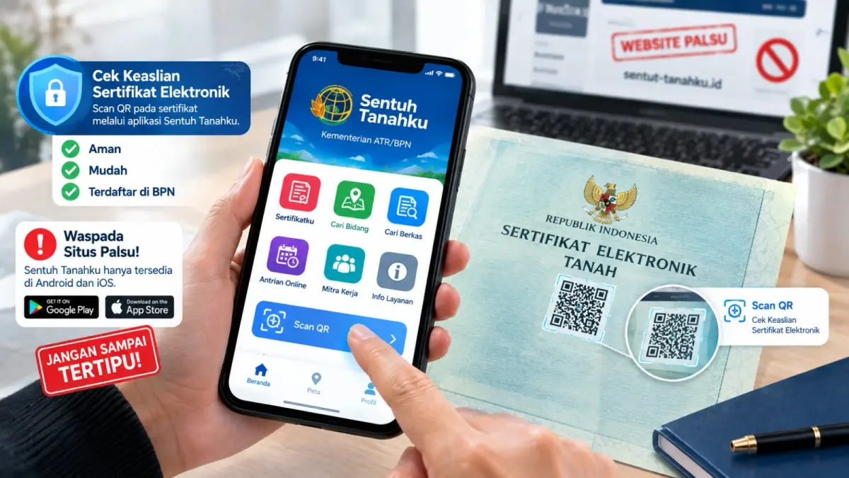 Aplikasi Sentuh Tanahku menyediakan fitur scan QR untuk mengecek keaslian sertifikat elektronik yang terdaftar di BPN.