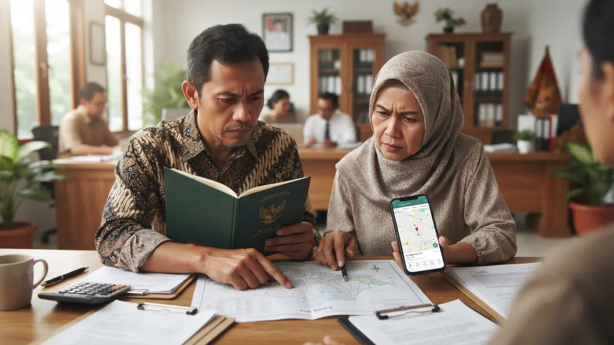 Ilustrasi Calon pembeli memeriksa sertifikat dan mencocokkan data bidang tanah sebelum melanjutkan transaksi.