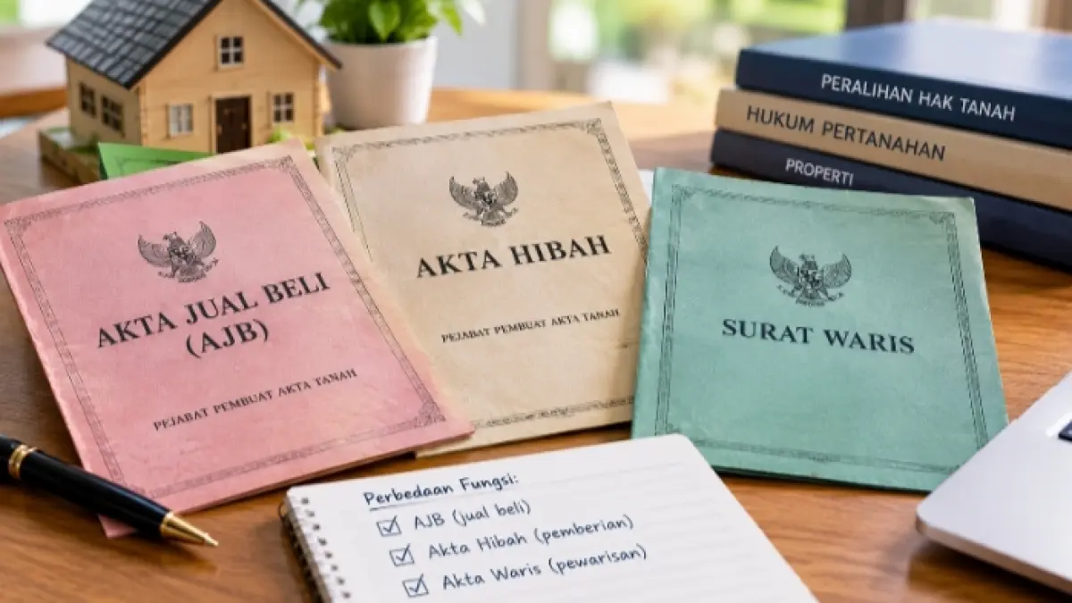 Ilustrasi dokumen peralihan tanah melalui jual beli, hibah, dan pewarisan.