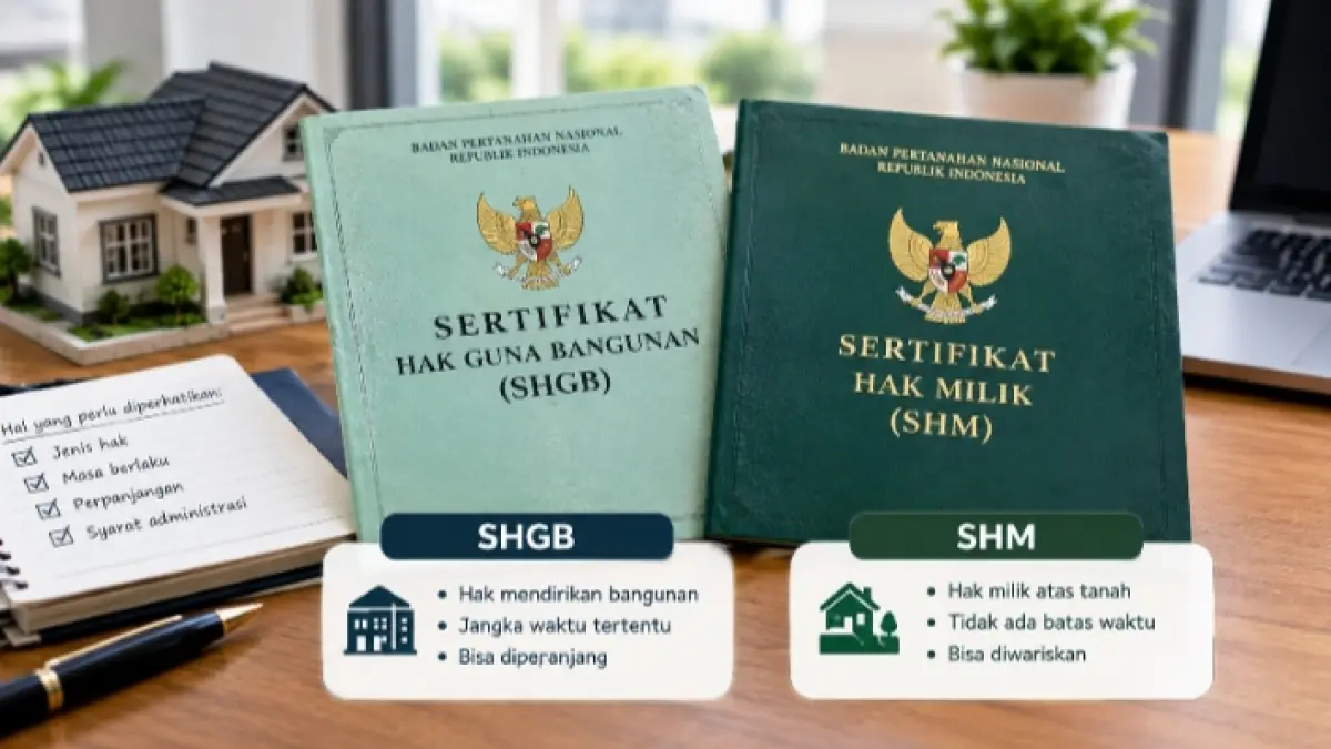Ilustrasi perbedaan Sertifikat Hak Guna Bangunan (SHGB) dan Sertifikat Hak Milik (SHM) dalam kepemilikan tanah.