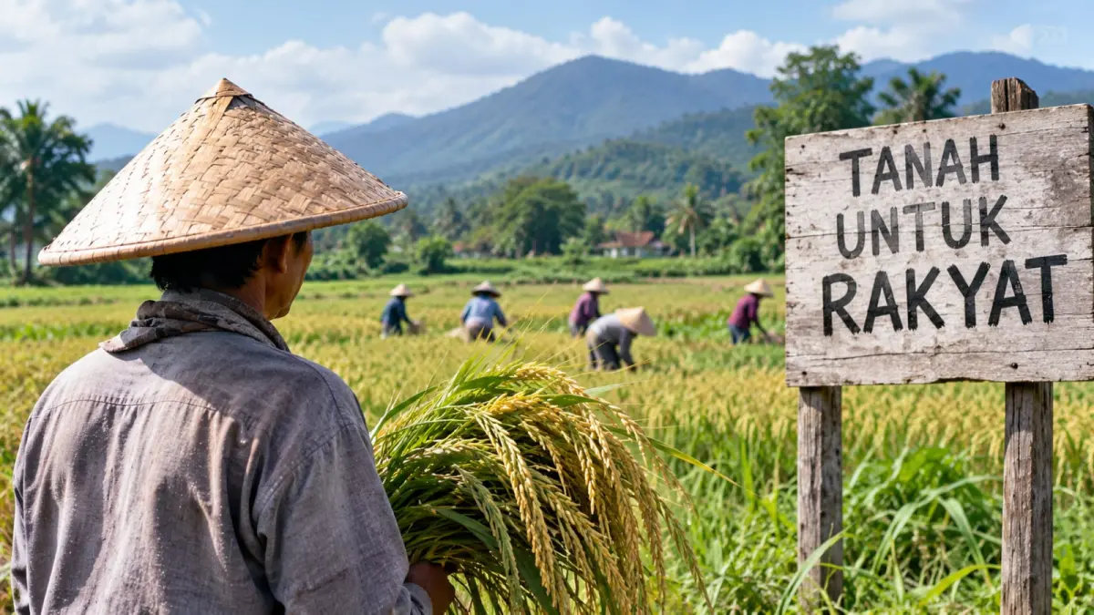 Ilustrasi petani di lahan pertanian, menggambarkan pentingnya penyelesaian konflik agraria dalam RUU Reforma Agraria.