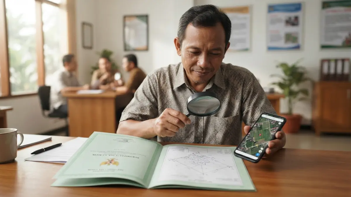 Ilustrasi Warga memeriksa dokumen sertifikat tanah dan mencocokkannya dengan data pertanahan sebelum melakukan transaksi.