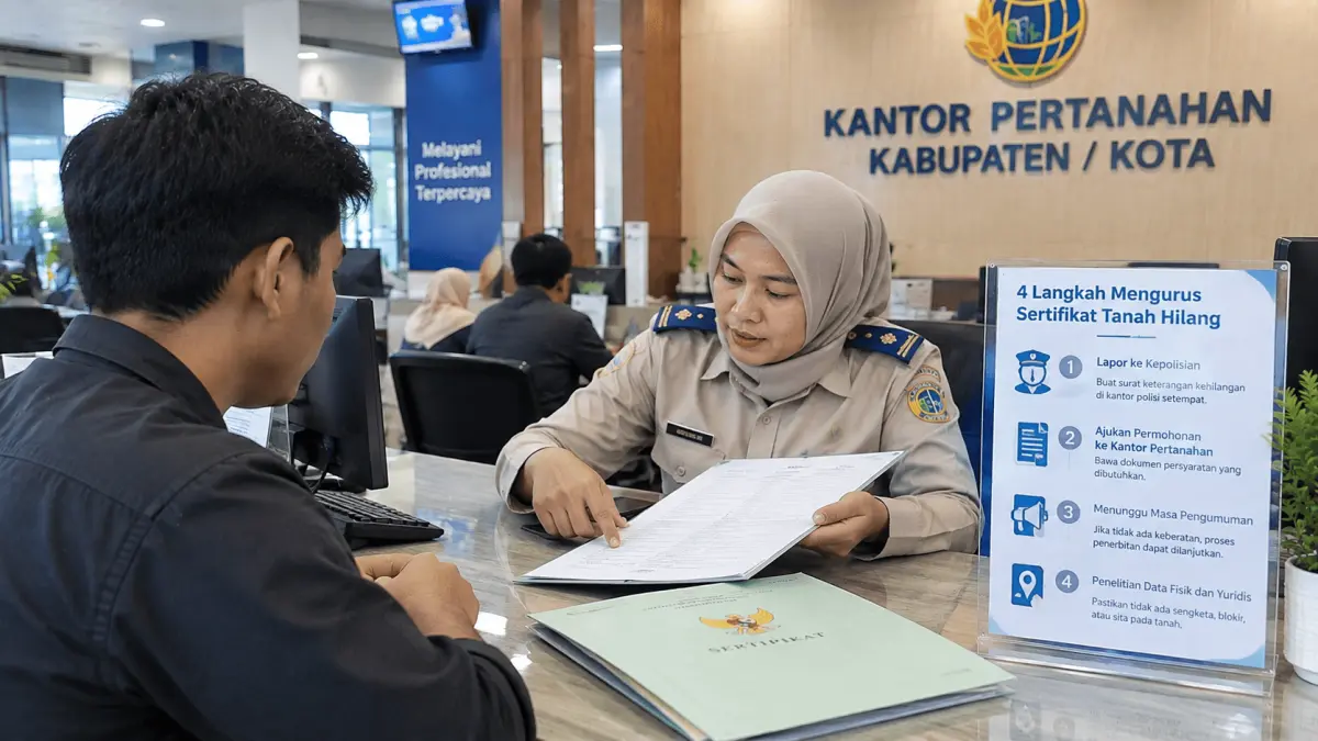 Pengurusan sertifikat tanah hilang melalui prosedur resmi di Kantor Pertanahan.