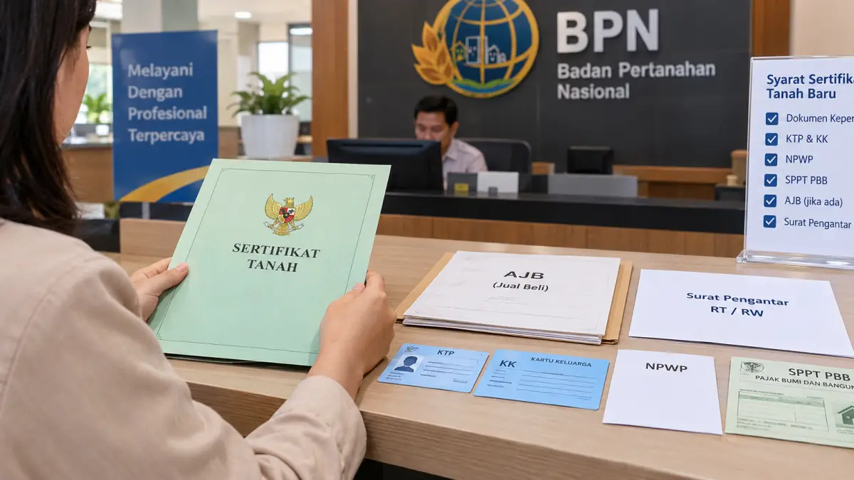 Warga menyiapkan dokumen persyaratan sebelum mengajukan pendaftaran sertifikat tanah baru di kantor BPN.