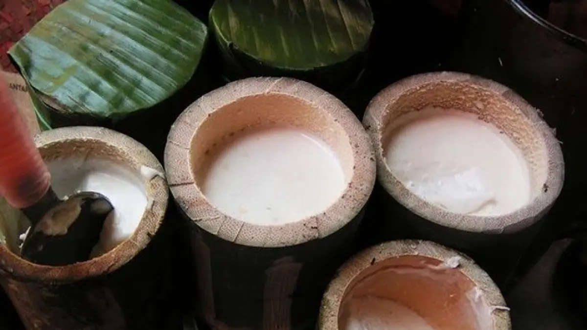 Dadiah merupakan yogurt alami Minangkabau berbahan susu kerbau yang difermentasi dalam bambu dan biasa disajikan bersama ampiang.(Gemini AI)