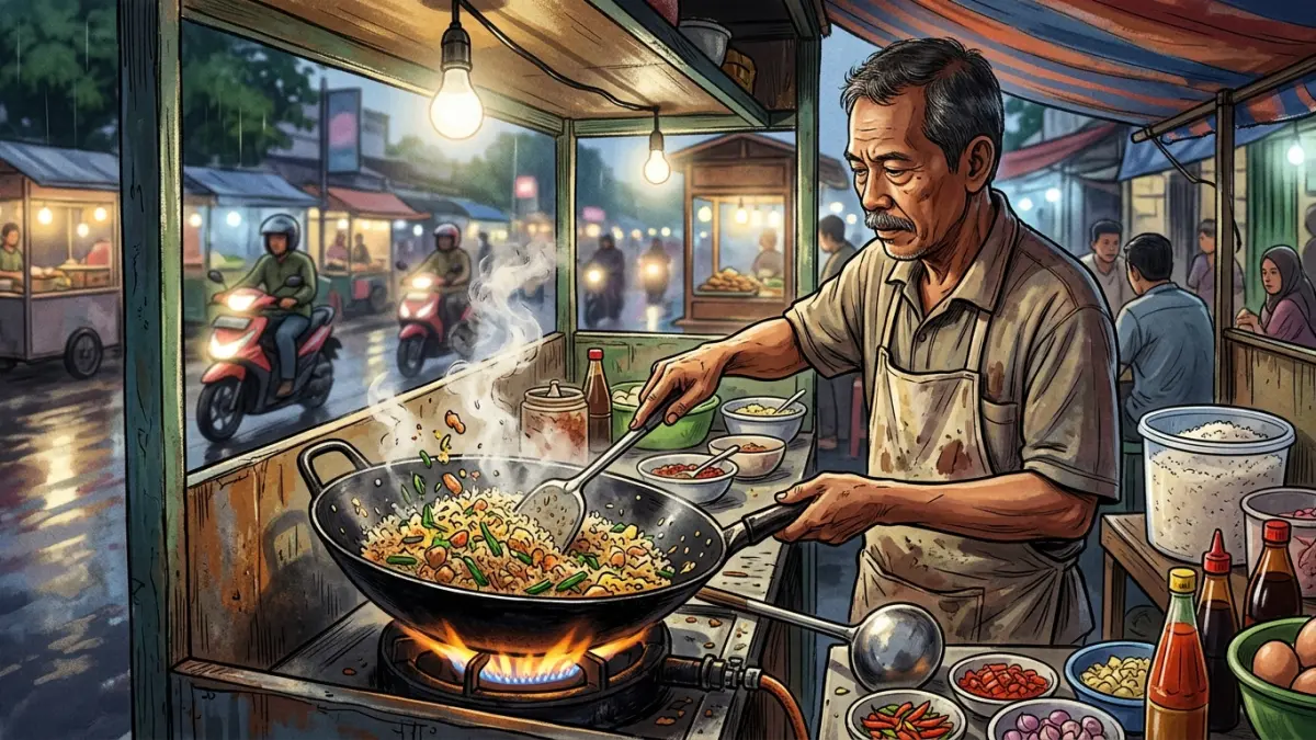 Saya membuat nasi tempong khas Banyuwangi dengan sambal pedas, dadar jagung, ikan asin, tahu, tempe, dan sayuran rebus.