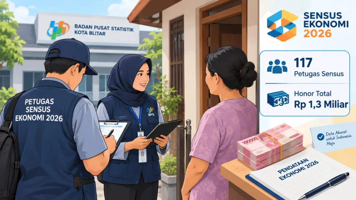 Petugas Sensus Ekonomi 2026 melakukan pendataan dari rumah ke rumah. Sebanyak 117 petugas di Kota Blitar menunggu pembayaran honor setelah pendataan lapangan rampung.