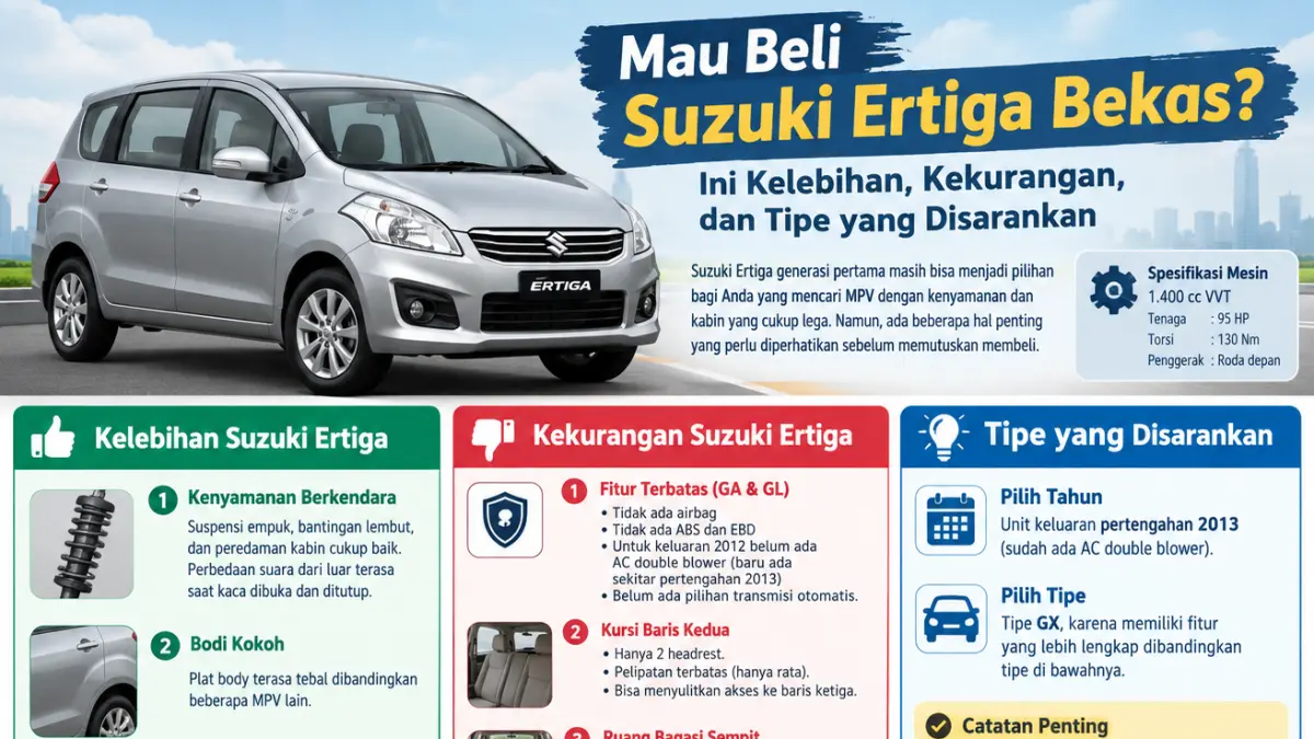 Suzuki Ertiga bekas generasi pertama punya kelebihan dan kekurangan. Simak tipe dan tahun yang perlu dipertimbangkan.