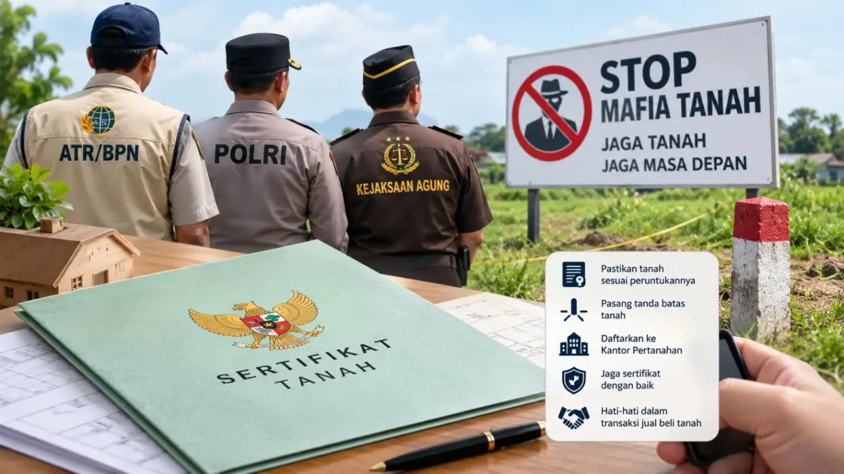 Ilustrasi. Satgas Anti Mafia Tanah melibatkan ATR/BPN, Polri, dan Kejaksaan Agung untuk mencegah serta menangani kejahatan pertanahan. Masyarakat juga diminta waspada dengan menjaga sertifikat, memasang tanda batas, dan berhati-hati dalam transaksi jual beli tanah.