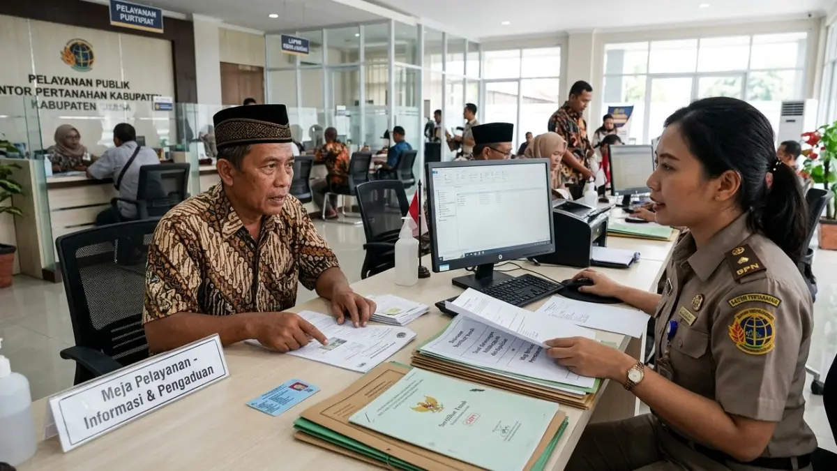 Warga berkonsultasi mengenai pengurusan sertifikat tanah hilang di Kantor Pertanahan Kabupaten Blitar.