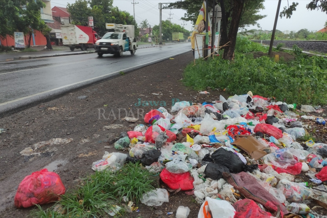 SEMRAWUT : Tumpukan Sampah di Bahu Jalan Membuat Kesan Kurang Enak Dipandang (Anjar. / Radar Lamongan)
