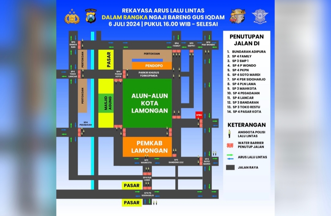 DENA REKAYASA LALU LINTAS : Beberapa ruas jalan di Lamongan bakal ditutup selama acara Ngaji Bareng Gus Iqdam (ist. / Radar Lamongan)