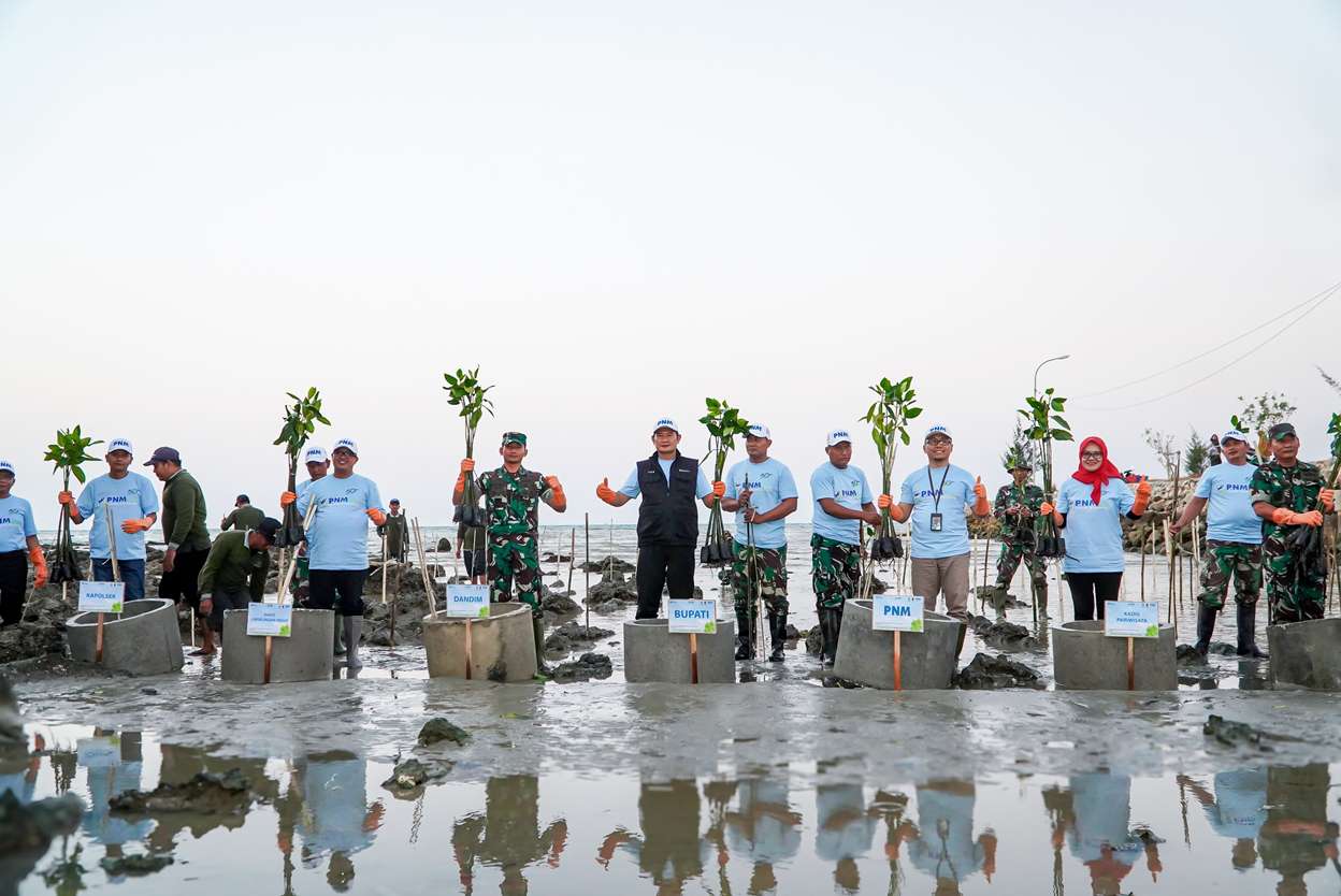 PERINGATI WORLD MANGROVE DAY: Bupati Yuhronur Efendi, MBA., M.Ek, Dandim 0812 Letkol Arm Ketut Wira Purbawan, dan Pemimpin PNM Cabang Lamongan Anang Fatkur Rohman, bersama - sama menanam pohon mangrov